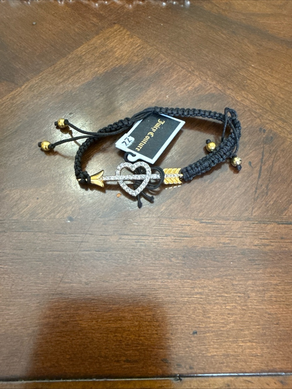 Vintage Juicy Couture Black Braided Bracelet with Gold Arrow and Crystal Heart